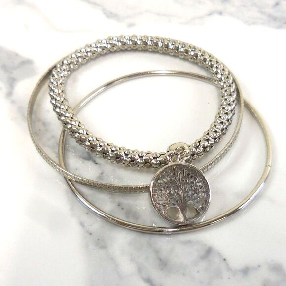 3 Silver-toned Stackable Bangles | 7 1/2" | Tree of Life Charm with rhinestones - Picture 1 of 3